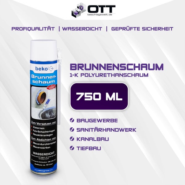 beko Brunnenschaum, 1-Komponenten-Polyurethanschaum, 750 Milliliter Dose, wasserdicht, OTT Logo, beko Logo.