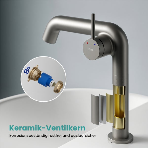 EMKE Einhebel-Waschtischarmatur, Badarmaturen, Waschbecken Armatur - Schweizer Design, Minimalistisches Design，G3/9, Wassersparend, Korrosionsschutz, Warm- & Kaltwasser, Bleifreies Messing, Pflegeleicht, Anthrazit Matt