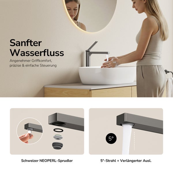 Moderne Badarmatur auf Waschbecken. Details zeigen Schweizer Neoperl-Strahlregler und 5 Grad Wasserstrahl aus verlängertem Auslauf.