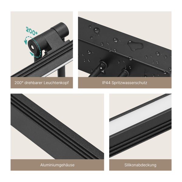 Detailansicht einer Leuchte mit 200 Grad drehbarem Leuchtenkopf, IP44 Spritzwasserschutz, Aluminiumgehäuse und Silikonabdeckung.