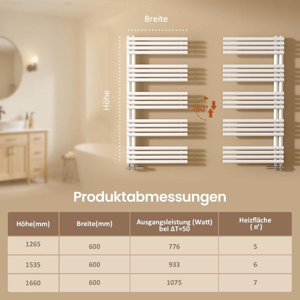EMKE Badheizkörper mit Handtuchfunktion 1265×600 mm Rundrohr, Warmwasserheizung, Weiß, 776W, Stahl, Wandmontage, für Badezimmer geeignet