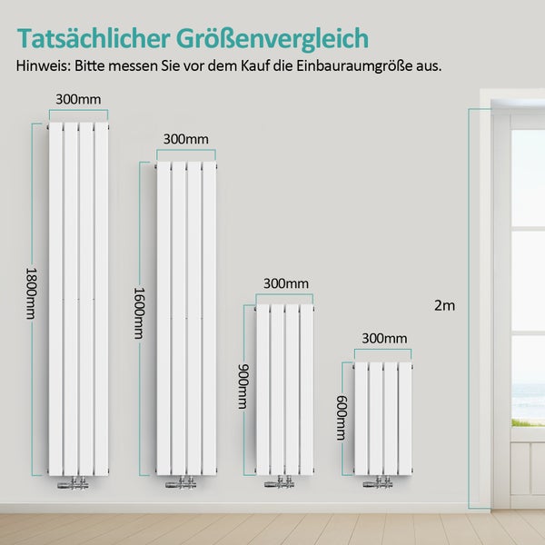 EMKE Heizkörper Flach Heizkörper Design Paneelheizkörper, Vertikal, Doppellagig, Mittelanschluss, 900x 300 mm, 446W, Weiß