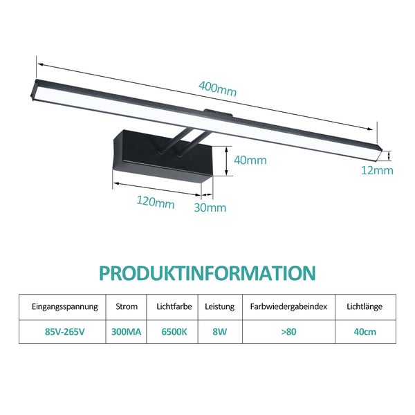 EMKE LED Spiegelleuchte Spiegellampen für das bad spiegelleuchte 40cm, 200° drehbar spiegelleuchte led badSpiegelschrank Beleuchtung 6500K  Schrankleuchte (Schwarz)