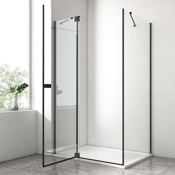 EMKE Eckdusche Eckeinstieg Pendeltür Duschkabine mit Flach-Scharnieren und Seitenwand, 120x90 cm, 8 mm ESG Sicherheitsglas, Höhe: 190 cm, Schwarz