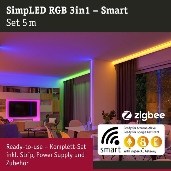 SimpLED RGB 3in1 Smart Set 5 Meter in einem Wohnzimmer mit Zigbee Logo und Smart Home System Symbolen
