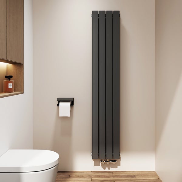 Badezimmer mit Toilette, Heizkörper und Toilettenpapierhalter