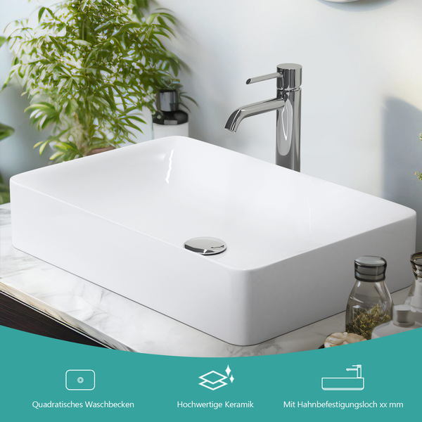 MKE Aufsatzwaschbecken Keramik 595 × 395 mm, Rechteckig, glänzend Weiß, ohne Hahnloch, leicht zu reinigen, Höhe 120 mm, Waschtisch-Waschbecken für Badezimmer