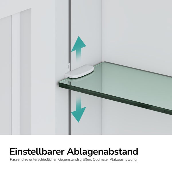 Verstellbarer Glasboden im Badezimmerschrank mit Pfeilen zur Illustration des verstellbaren Abstands