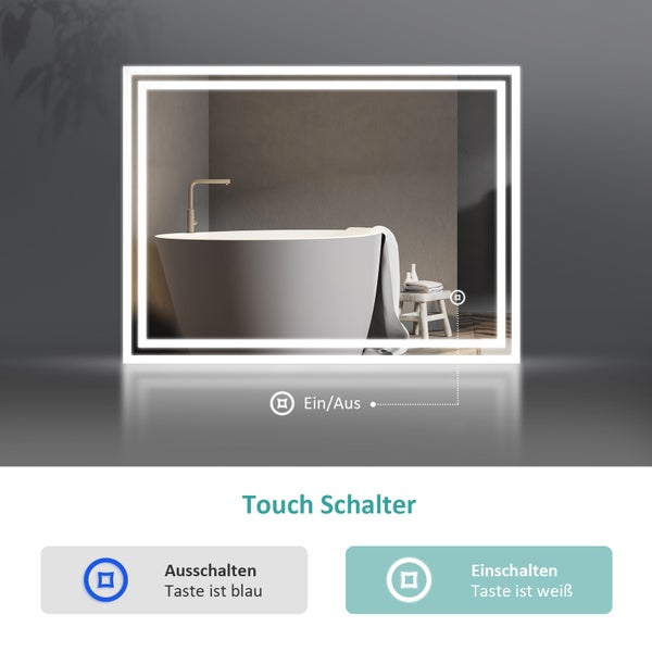 EMKE Badspiegel mit LED-Beleuchtung 100 x 60 cm, Kaltweiß 6500K, Touchschalter & Beschlagfrei, dimmbar, IP44, für Bad