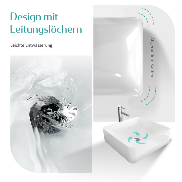 EMKE Aufsatzwaschbecken Keramik 405 × 405 mm, Quadratisch, glänzend Weiß, ohne Hahnloch, R-Ecken-Design, Höhe 120 mm, modernes Waschbecken für Badezimmer