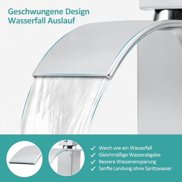 EMKE Waschtischarmatur Wasserfall, Einhebelmischer Chrom, 183 × 174 × 45 mm, KTW-zertifiziert, Badarmatur für Waschbecken, Mischbatterie für Warm- und Kaltwasser