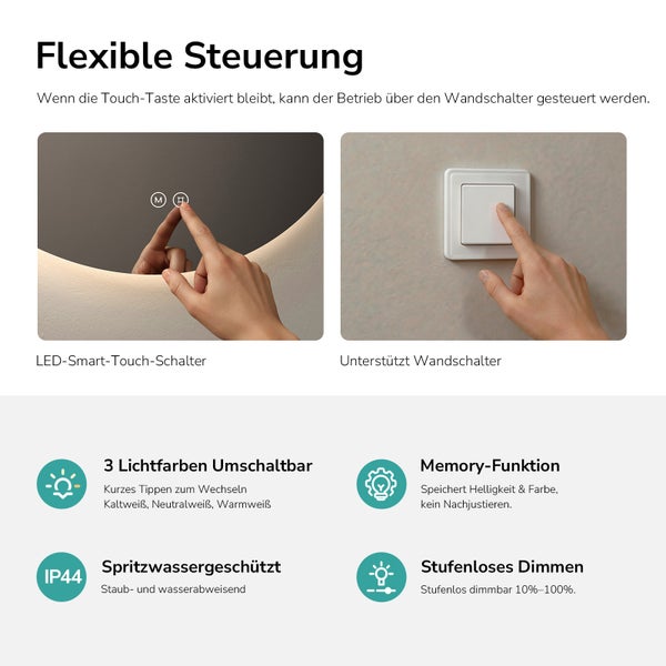 Infografik zeigt flexible Steuerung eines LED Badezimmerspiegels per Touch-Schalter und Wandschalter sowie Funktionen wie Lichtfarben und Dimmen.