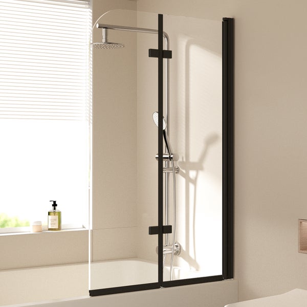 EMKE Badewannenaufsatz 2-teilig 100 x 140 cm Schwarz – Faltbare Duschwand aus 6 mm ESG-Sicherheitsglas mit NANO-Beschichtung, beidseitig montierbar
