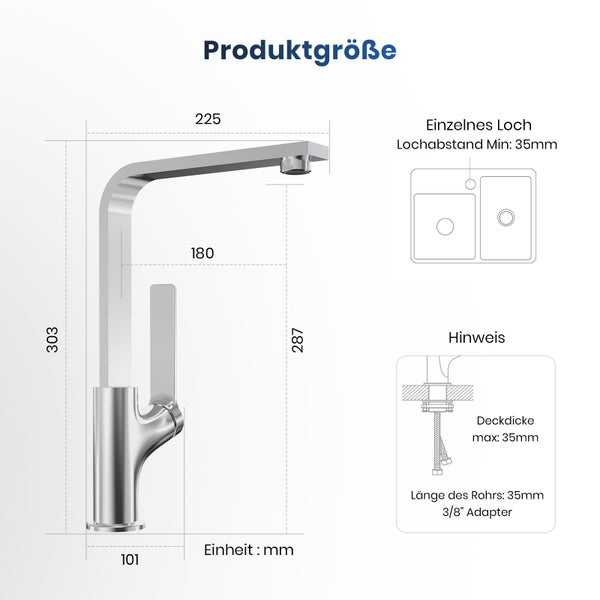 Produktgrößenangaben für einen Wasserhahn mit Maßangaben für Höhe, Ausladung und Lochabstand