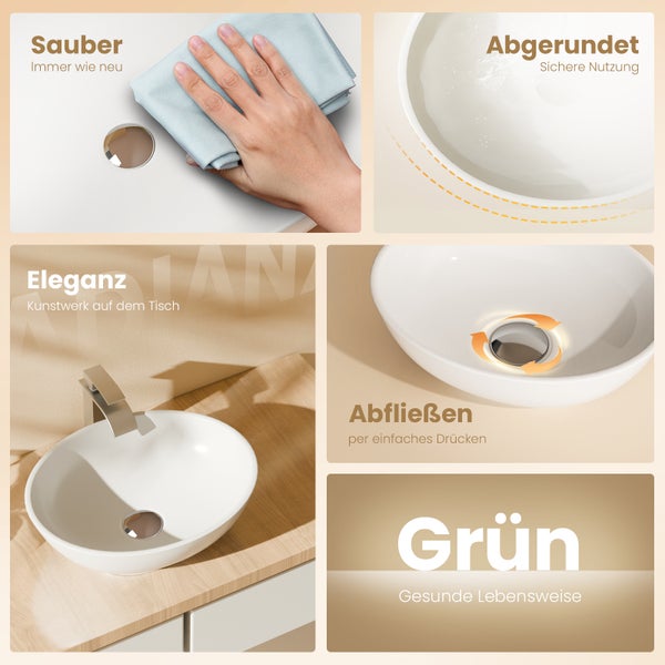 Nahaufnahme eines runden Waschbeckens mit Armatur und zugehörigen Reinigungshinweisen
