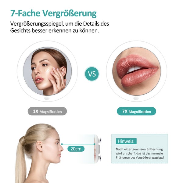 EMKE Runder Kosmetikspiegel mit Beleuchtung und 7-fach Vergrößerung, Makeupspiegel mit Knopfschalter, Batteriebetrieben, Ø16,5 cm, Weiß