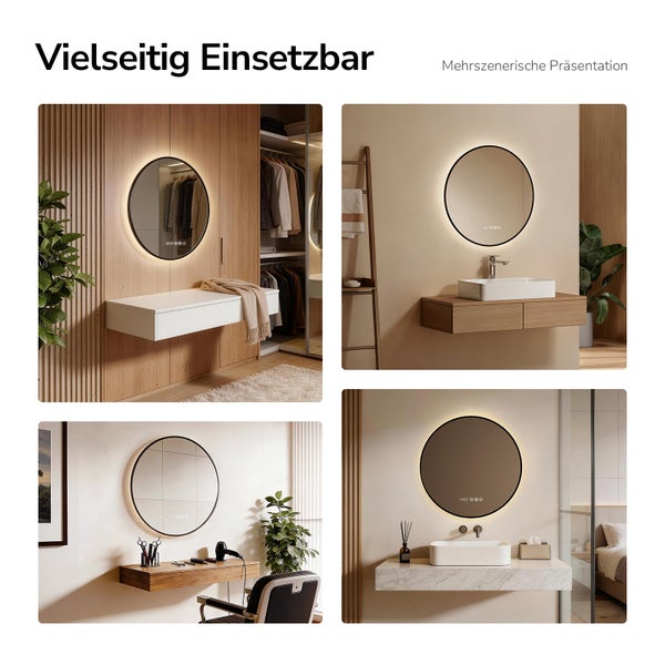 Runder LED Wandspiegel mit Hintergrundbeleuchtung in verschiedenen Wohnbereichen wie Badezimmer und Ankleidezimmer montiert.