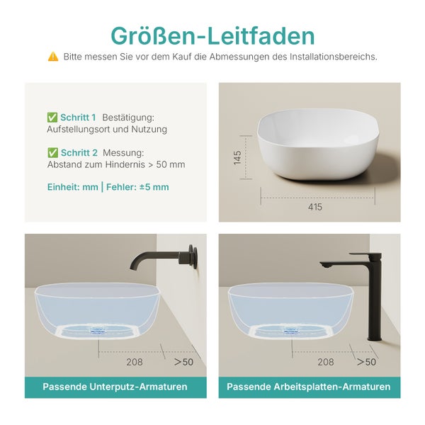 Größenleitfaden für Waschbecken mit Maßangaben und Installationshinweisen