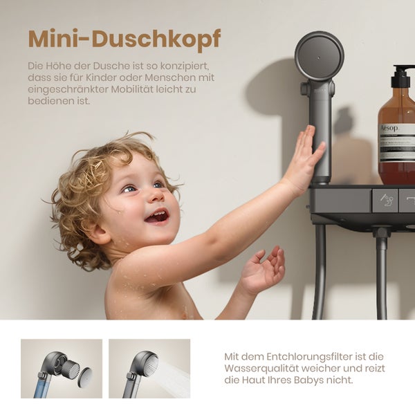 EMKE Duschsäule mit Thermostat, matt Anthrazit, 4-fach Wasserauslass, Handbrause mit 3 Strahlarten, digitales Display, Vorablauffunktion & Filter – multifunktionales Duschsystem