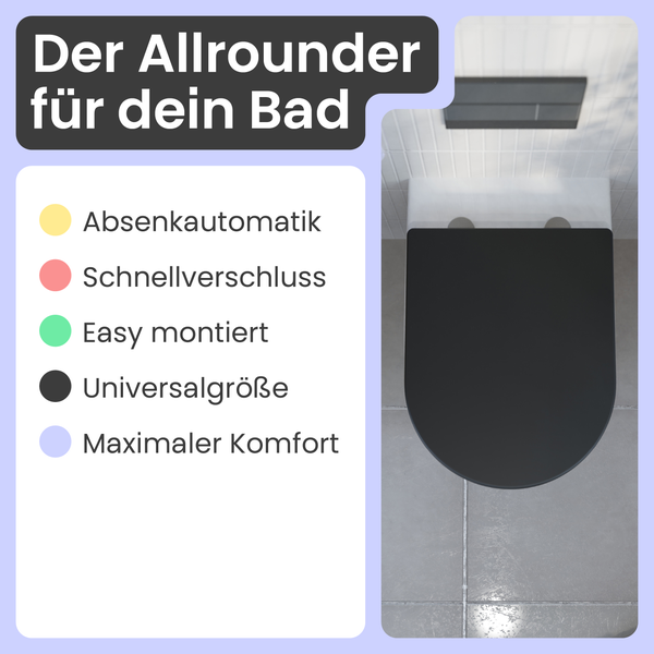 Toilettendeckel mit Absenkautomatik, Schnellverschluss, einfacher Montage, Universalgröße und hohem Komfort in einem modernen Badezimmer.