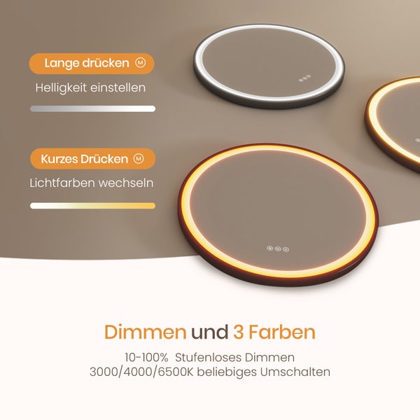 Grafik zur Bedienung einer runden LED Deckenleuchte mit stufenloser Dimmfunktion und einstellbarer Lichtfarbe von 3000 bis 6500 Kelvin.