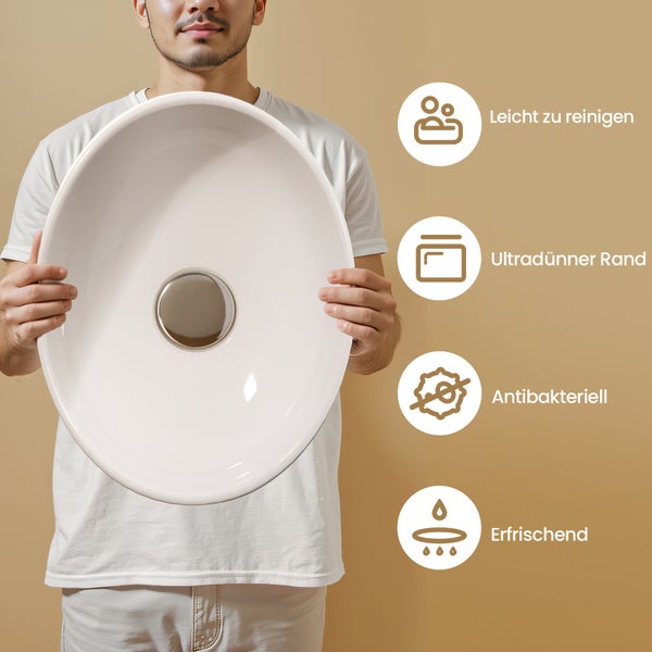 EMKE Keramik Waschbecken 35×27 cm, Ovales Aufsatzwaschbecken ohne Hahnloch, Glänzend Weiß, Höhe: 11 cm, Pflegeleicht, Antibakteriell, Feuchtigkeitsresistent
