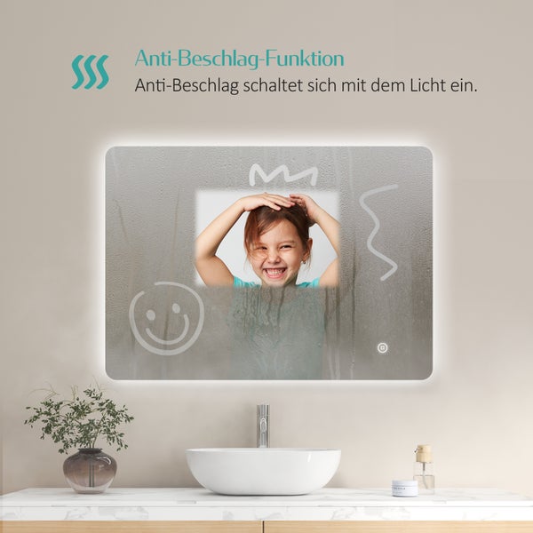 EMKE Badspiegel mit Beleuchtung 80x60 cm, LED-Spiegel mit Touchschalter, 3 Lichtfarben einstellbar, Beschlagfreie, Anti-Rost Spiegel, IP44, für Bad