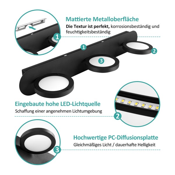 EMKE LED Spiegelbeleuchtung mit 3 LED-Lichtern, 500x75x130 mm, IP20, Mattweiß, 4000K, 15W, Hoher Farbwiedergabeindex >80Ra