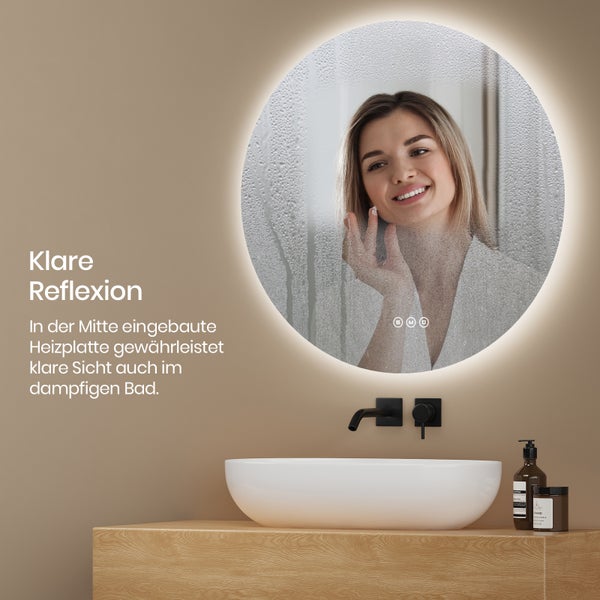 EMKE Badspiegel mit Beleuchtung LED-Spiegel mit Touchschalter ф60cm,  rund, 3 dimmbare Lichtfarben