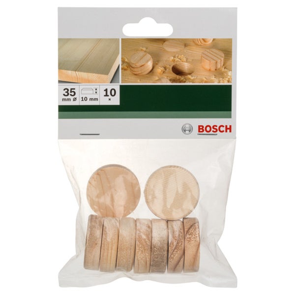 Bosch Holzstopfen Packung mit 10 Stück Durchmesser 35 Millimeter Tiefe 10 Millimeter aus Nadelholz zum Verschließen von Astlöchern