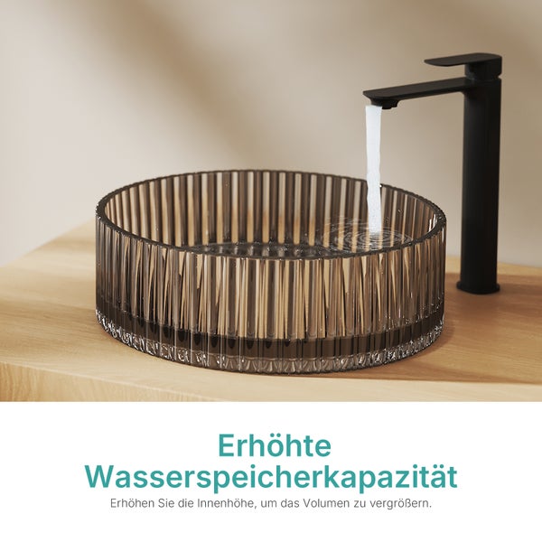 Rundes Aufsatzwaschbecken aus Glas mit Wasserhahn