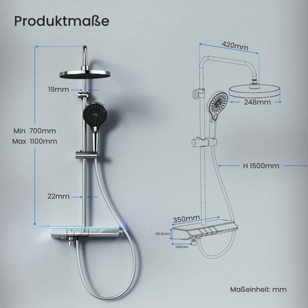EMKE Duschsystem mit intelligentem Thermostat – Duschset mit 35 cm Thermostatplatte, Handbrause mit 3 Strahlarten, KTW-Zertifizierung, Chrom, kalkresistent