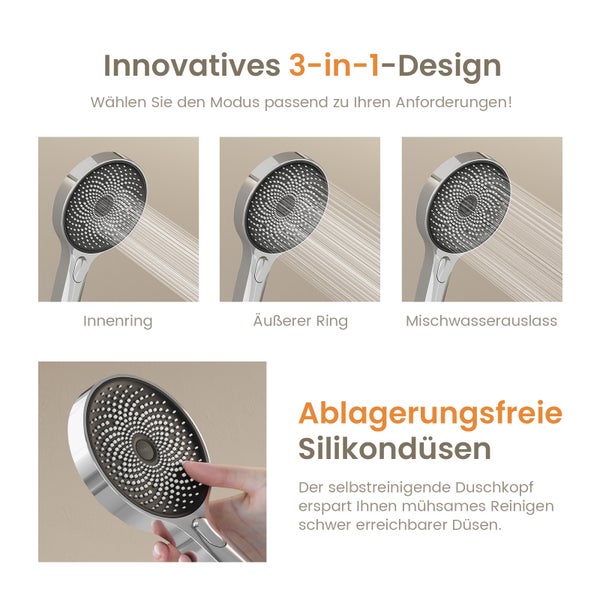 Duschkopf mit drei Strahlarten: Innenring, Aussenring und Mischwasserauslass
