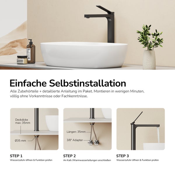 Anleitung zur Selbstinstallation einer schwarzen Waschtischarmatur in drei Schritten mit technischen Details wie 35 Millimeter Bohrlochdurchmesser.