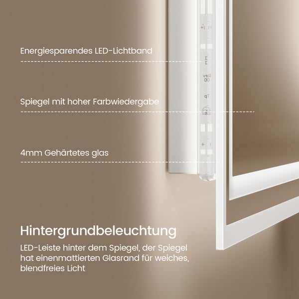 EMKE Badspiegel mit LED-Beleuchtung 60 x 50 cm, Kaltweiß 6500K, Touchschalter & Beschlagfrei, dimmbar, IP44, für Bad