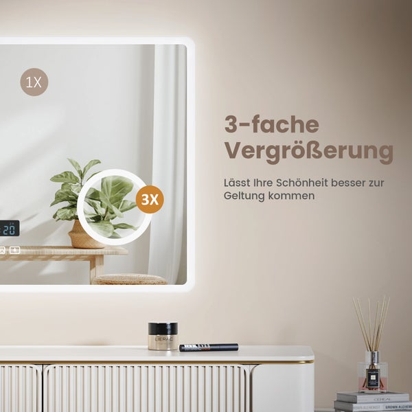 EMKE Smart LED Badspiegel 100x60 cm, 3 Farbtemperaturen, dimmbar, Touch, Anti-Beschlag, 3x Vergrößerung, Bluetooth 3-Tasten, horizontal, IP44, für Bad