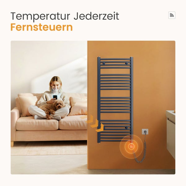 Handtuchwärmer mit Fernbedienung neben einer Frau mit Hund auf einem Sofa