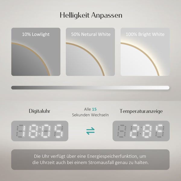 EMKE LED Badspiegel, ф60cm Gebürstetem Goldrahmen, Antibeschlage, Uhr, Temperatur, Dimmbar, Memory-Funktion Neutrales Licht