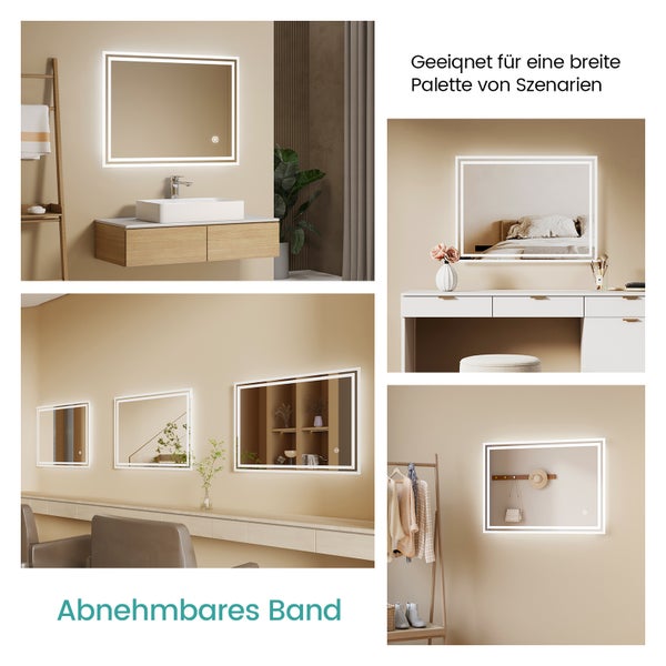 EMKE Badspiegel mit Beleuchtung 80 x 60 cm, Touchschalter & Anti-Beschlag, 3 Lichtfarben, IP44, für Badezimmer