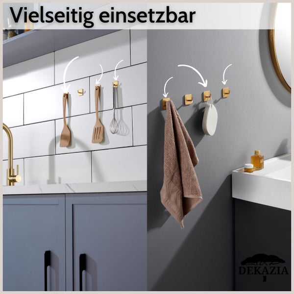 Wandhaken in metallischer Optik für Küche und Bad zur Aufbewahrung von Küchenutensilien und Handtüchern, Dekazia Logo.