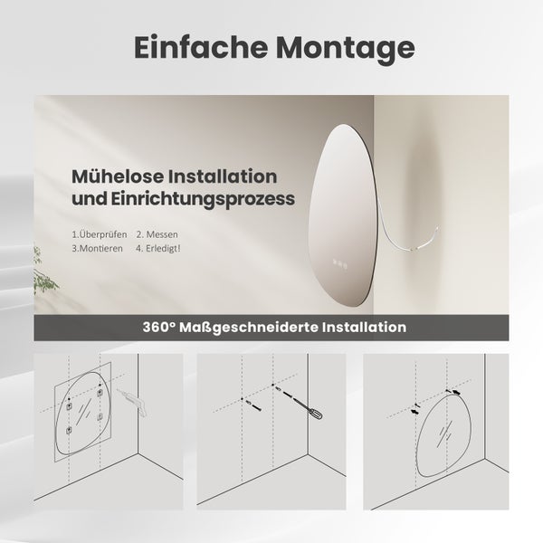 EMKE LED Badspiegel 75x55 cm, asymmetrisches Design, 3 dimmbare Lichtfarben und Helligkeit, Anti-Beschlag, Memory-Funktion, IP44, flexible Montage, für Bad