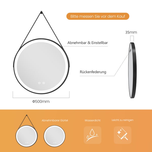 EMKE LED Badspiegel mit Beleuchtung Ø50 cm, Kaltweiß Licht, Touch-Schalter, Antibeschlag, IP44, Schwarz Rahmen & Zierleiste, IP44, für Badezimmer