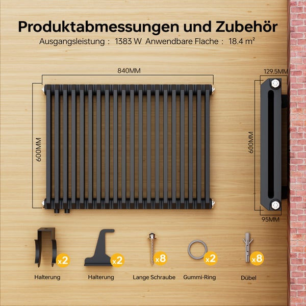 Abmessungen und Zubehör eines schwarzen Heizkörpers, inklusive Halterungen, Schrauben, Gummiringen und Dübeln