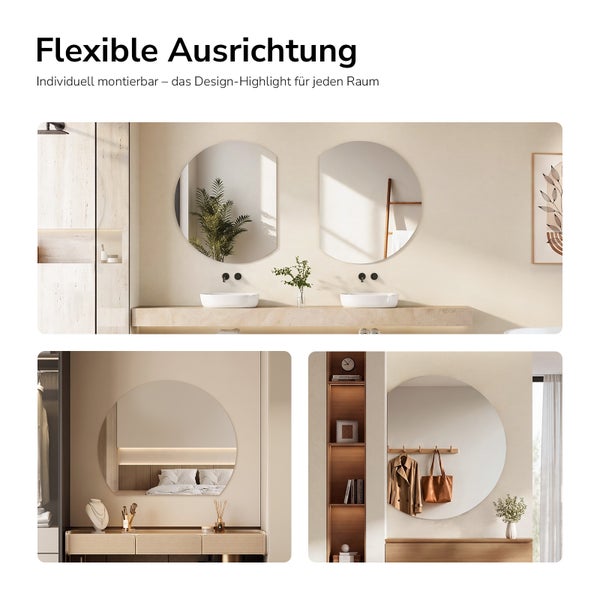 Set aus zwei runden Spiegeln mit gerader Kante, montiert über einem Doppelwaschbecken im Badezimmer sowie in Flur und Schlafzimmer.