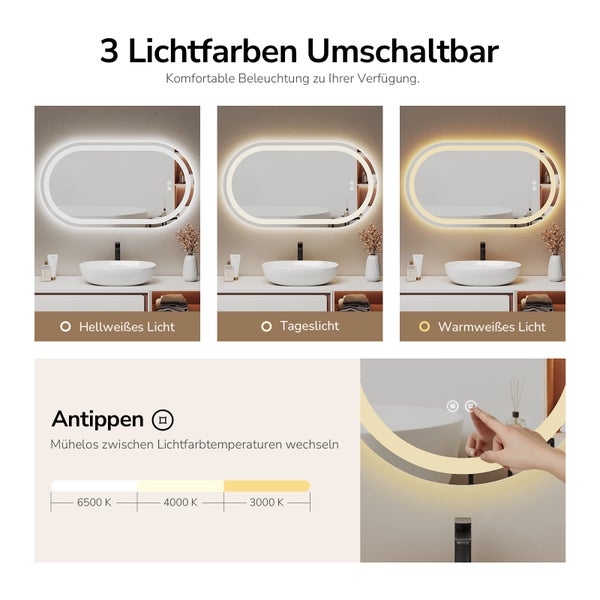 Spiegel mit drei umschaltbaren Lichtfarben für komfortable Beleuchtung