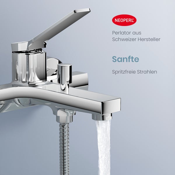 Wasserhahn mit Brauseschlauch und Neoperl Logo
