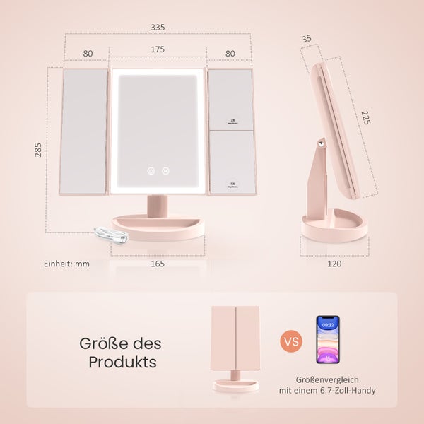 EMKE Schminkspiegel LED Kosmetikspiegel Vergrößerungsspiegel zweiseitig Touchschalter,3 Lichtfarben Dimmbar, USB Aufladbar,2x/5x Vergrößerung Rosa