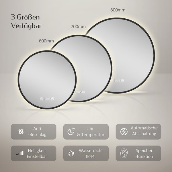 EMKE Badspiegel mit Beleuchtung ф70cm, runder LED-Spiegel mit Touchschalter und Uhr, Badspiegel mit schwarzen Rahmen, Neutralweiß
