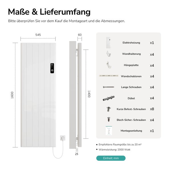 Maßzeichnung und Lieferumfang eines Elektroheizkörpers mit Abmessungen, Montagezubehörliste und technischen Daten für Räume bis 20 Quadratmeter.