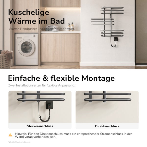 Elektrischer Handtuchheizkörper für das Badezimmer mit flexiblen Montageoptionen durch Steckeranschluss oder Direktanschluss an der Wand.